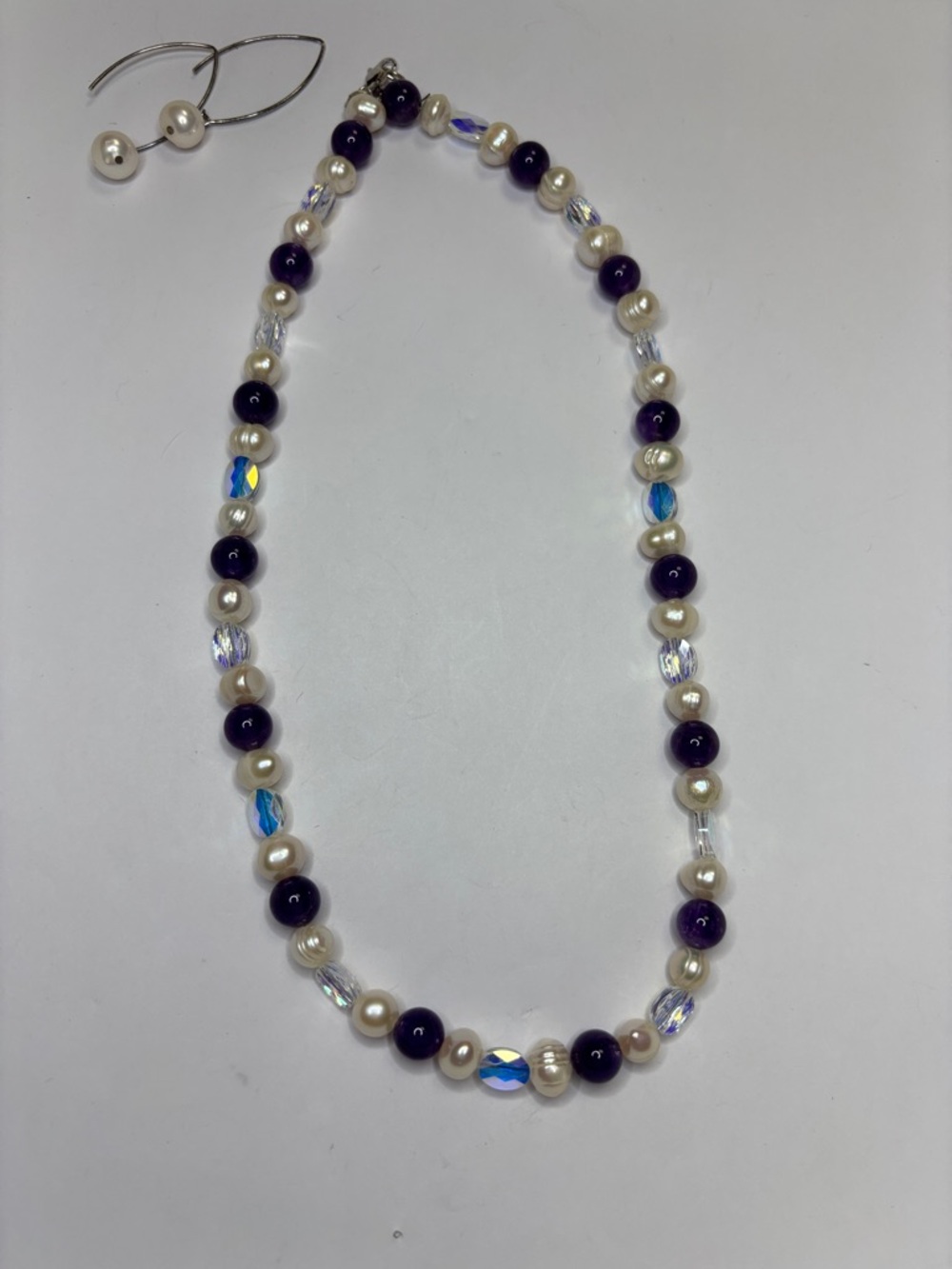15” Handcrafted Swarovski Crystal and Amethyst Necklace with Pearl Earrings